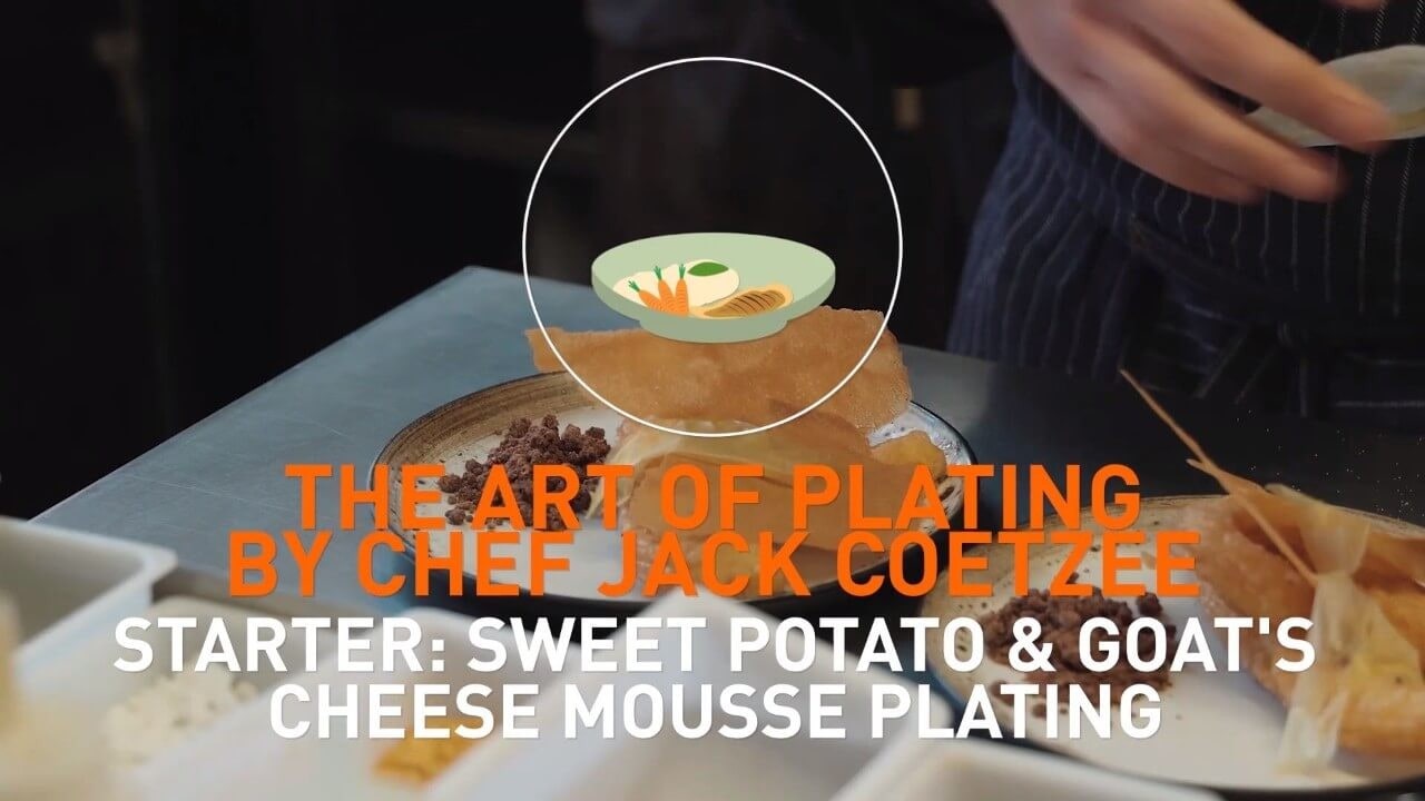 The art of plating by chef Jack Coetzee starter: Sweet potato & goat's cheese mousse plating