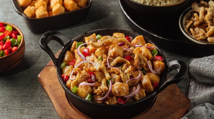Top view of Tofu Sisig on a skillet plate with red onions and garnishes on top Top view of Tofu Sisig on a skillet plate with red onions and garnishes on top