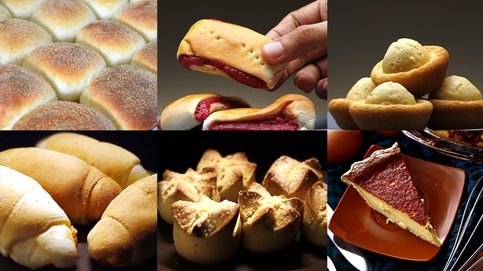 A collage featuring kalihim, Spanish bread, pandesal, egg pie, putok, and kababayan. 