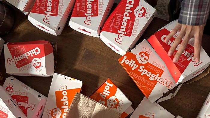 Boxes of Jollibee’s Chickenjoy and Jolly Spaghetti. 