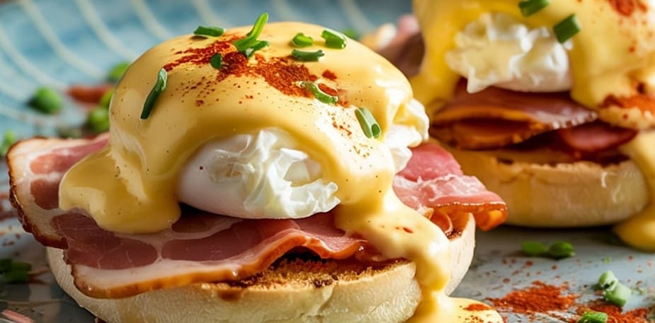 A plate of eggs Benedict with English muffins topped with ham, poached eggs, and Hollandaise sauce.