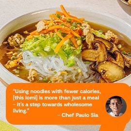 Filipino lomi with shirataki noodles and a side of mushroom chicharon.