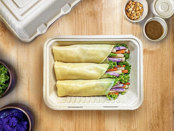 Flatlay shot of Filipino Fresh Lumpia in delivery packaging Flatlay shot of Filipino Fresh Lumpia in delivery packaging