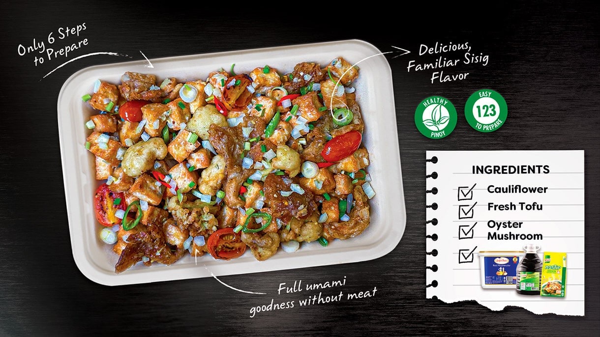 Infographic of Tofu Mushroom Cauli Sisig with Key Components. Infographic of Tofu Mushroom Cauli Sisig with Key Components.