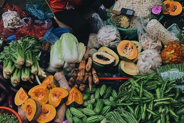 Fruits and vegetables in a wet market