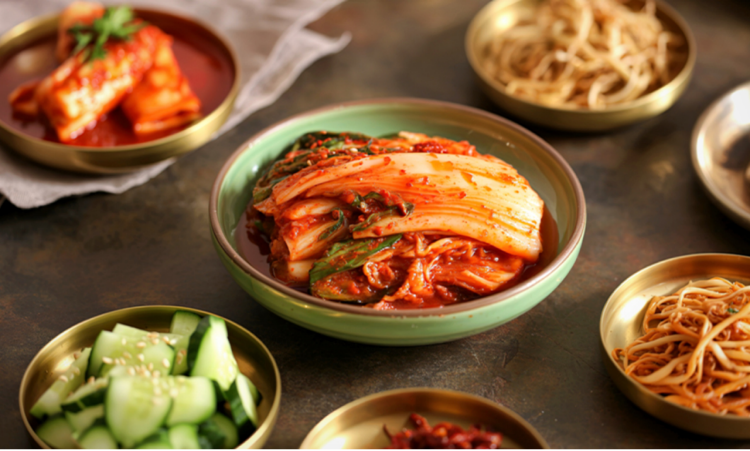 An assortment of banchan on the table. 