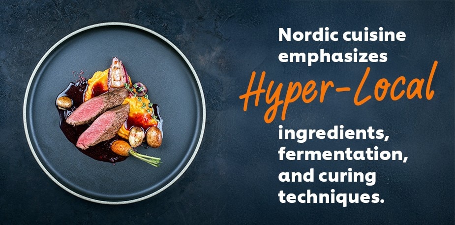 A modern Nordic dish, featuring meat and vegetables, on a dark plate.