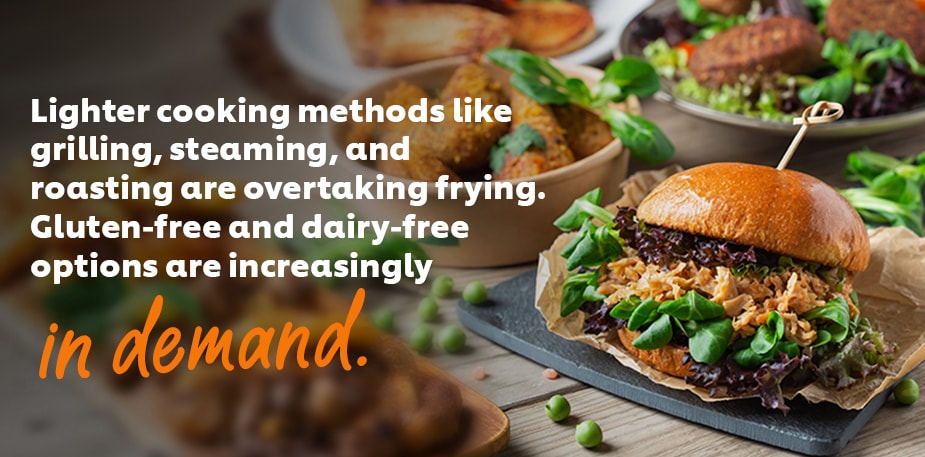 Healthy dishes, including a plant-based burger and veggie nuggets.