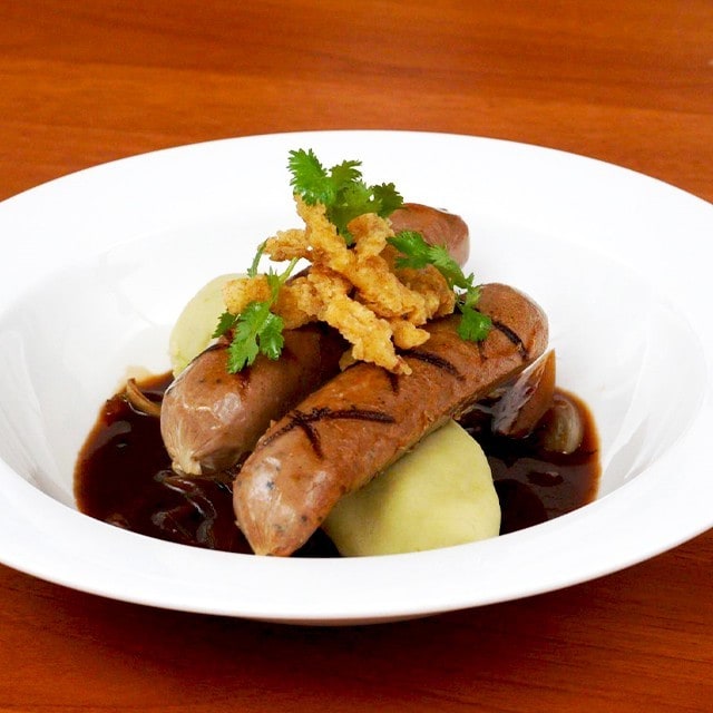 Bangers and Mash with Onion-Thyme Teriyaki Demi-Glace