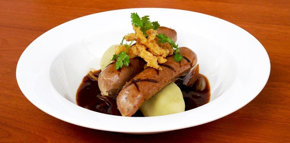 Bangers and Mash with Onion-Thyme Teriyaki Demi-Glace