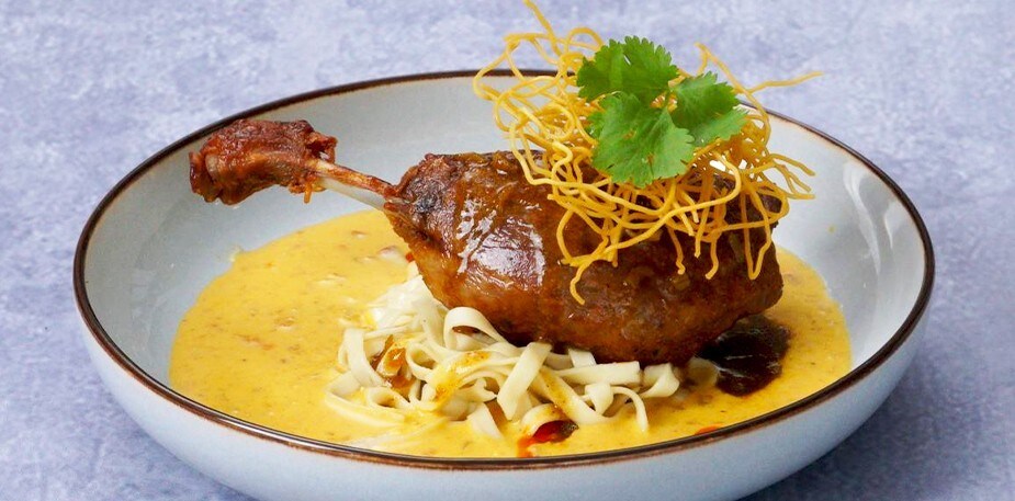 Duck Confit with Curry Demi-Glace and Khao Soi