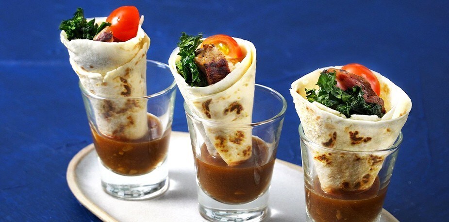 Flank Steak Tacos with Demi-Glace Tamarind Sauce, Coconut Quinoa and Kale Chips