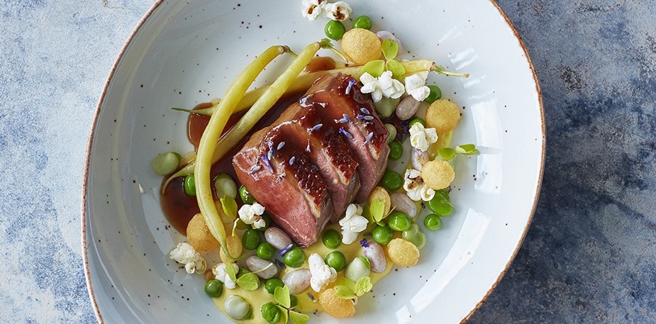 Glazed Duck with Honey, Lavender and Corn Cream