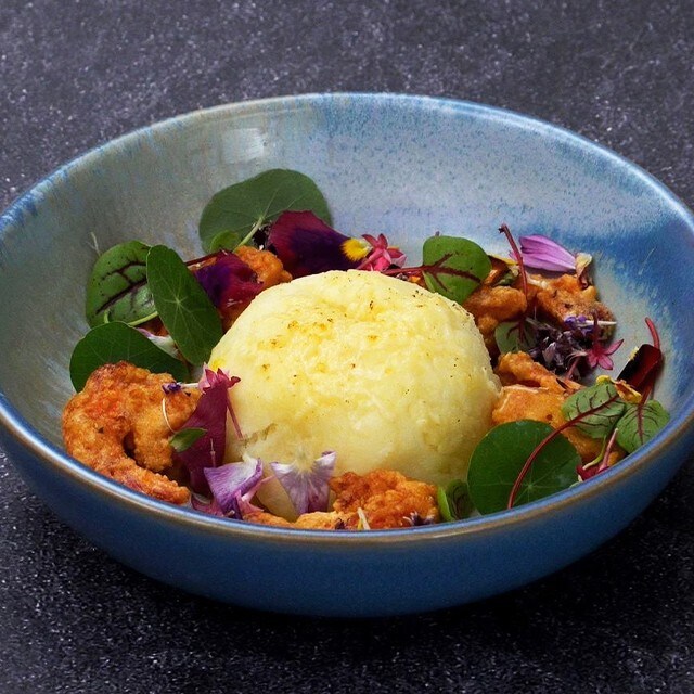 Mashed Potato Dome with Hot Laksa Lava and Salted Egg Prawn
