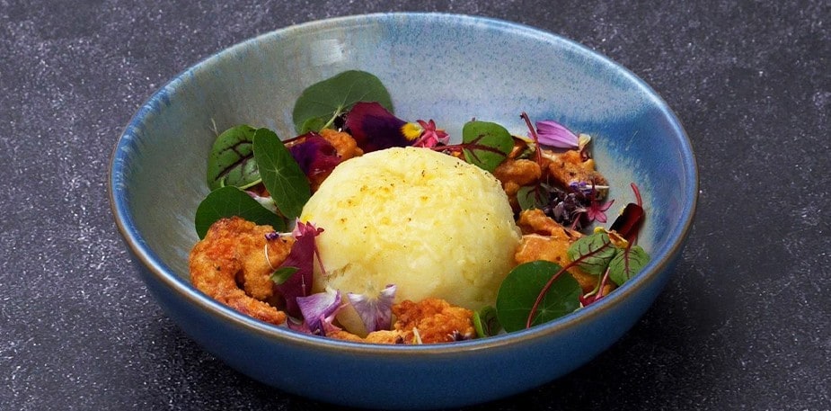 Mashed Potato Dome with Hot Laksa Lava and Salted Egg Prawn