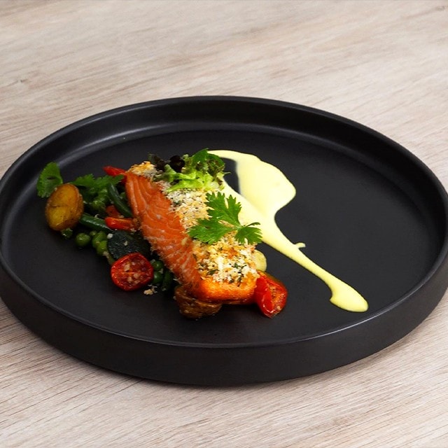 Pan-Seared Salmon with Cilantro-Parsley Crust and Yuzu-Infused Hollandaise