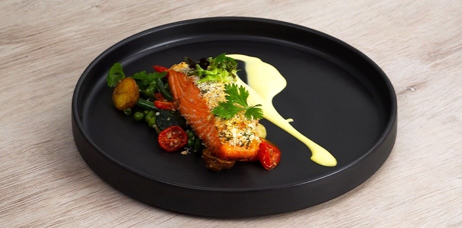 Pan-Seared Salmon with Cilantro-Parsley Crust and Yuzu-Infused Hollandaise