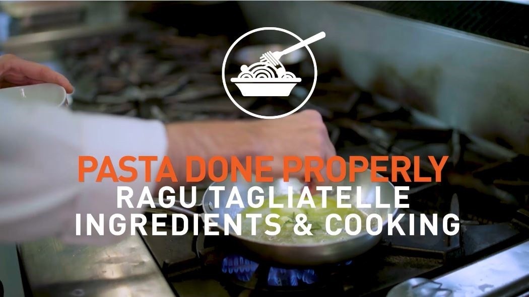 He cooking with a pan and text that reads: Pasta done properly - aagu tagliatelle ingredients and cooking