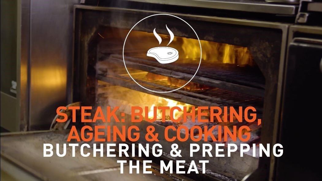 Steak on a grill with text that reads: Steak, butchering, ageing and cooking. Butchering and prepping the meat,