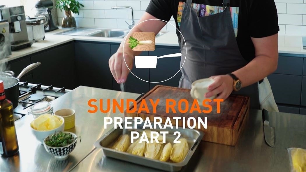 Chef with blow torch and text that reds: Sunday roast - Preparation - Part 2