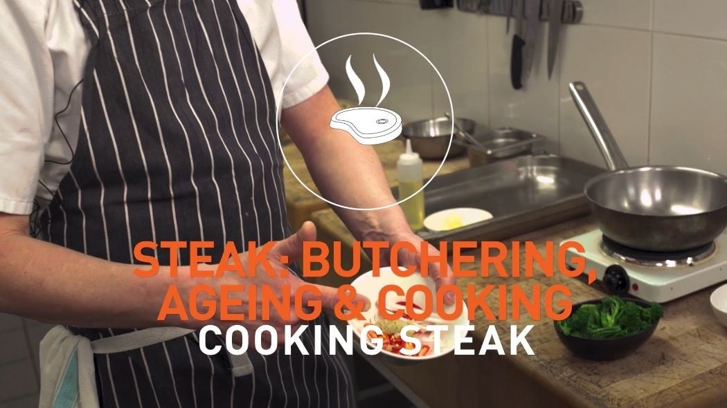 Chef preparing steak with text that reads: Steak Butchering, ageing and cooking steak.