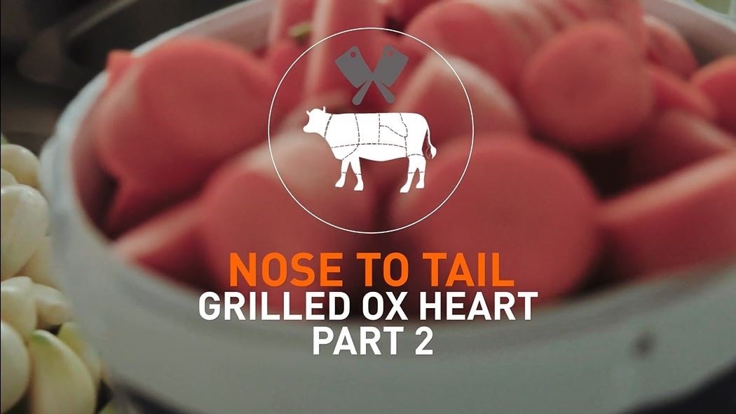 Bowl of food with text that reads: Nose to tail - Grilled ox heart - Part 2.