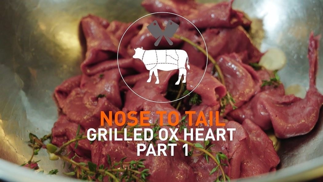 Bowl of meat with text that reads: Nose to tail - Grilled ox heart - part 1.