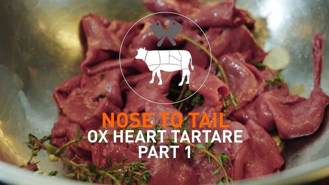 Bowl of meat with text that reads: Nose to tail - Ox heart tartare - Part 1.