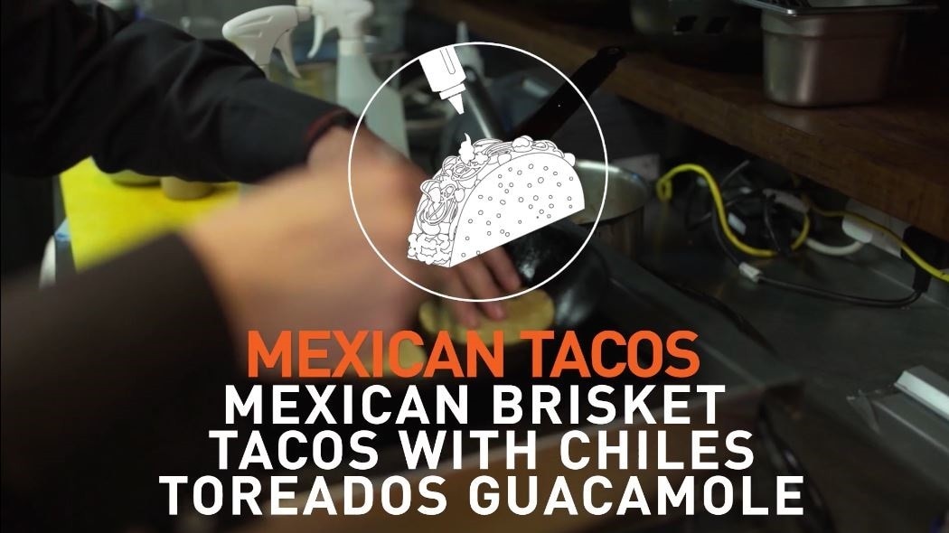 Chef working in kitchen with text the reads: Mexican tacos - Mexican brisket tacos Mexican tacos, Mexican brisket tacos with chilies, toreados guacamole.