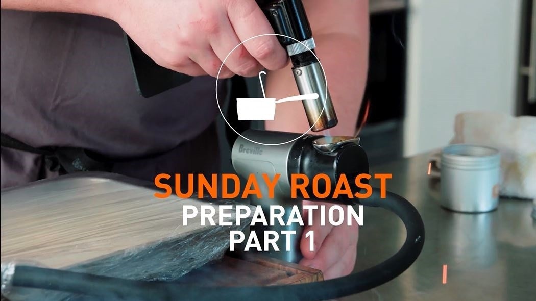 Chef with blow torch and text that reds: Sunday roast - Preparation - Part 1.