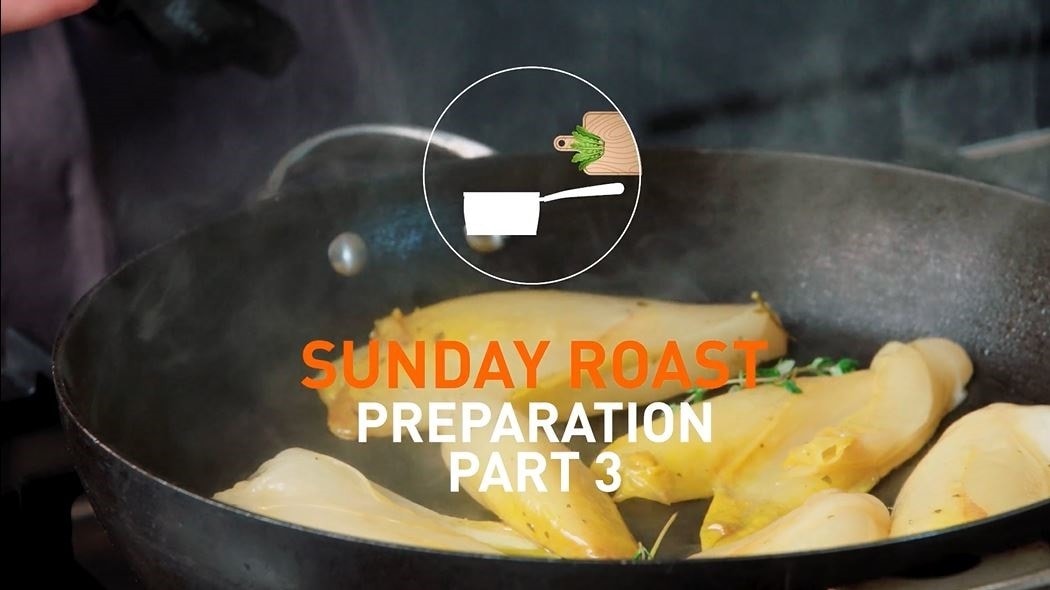 Chef with blow torch and text that reds: Sunday roast - Preparation - Part 3