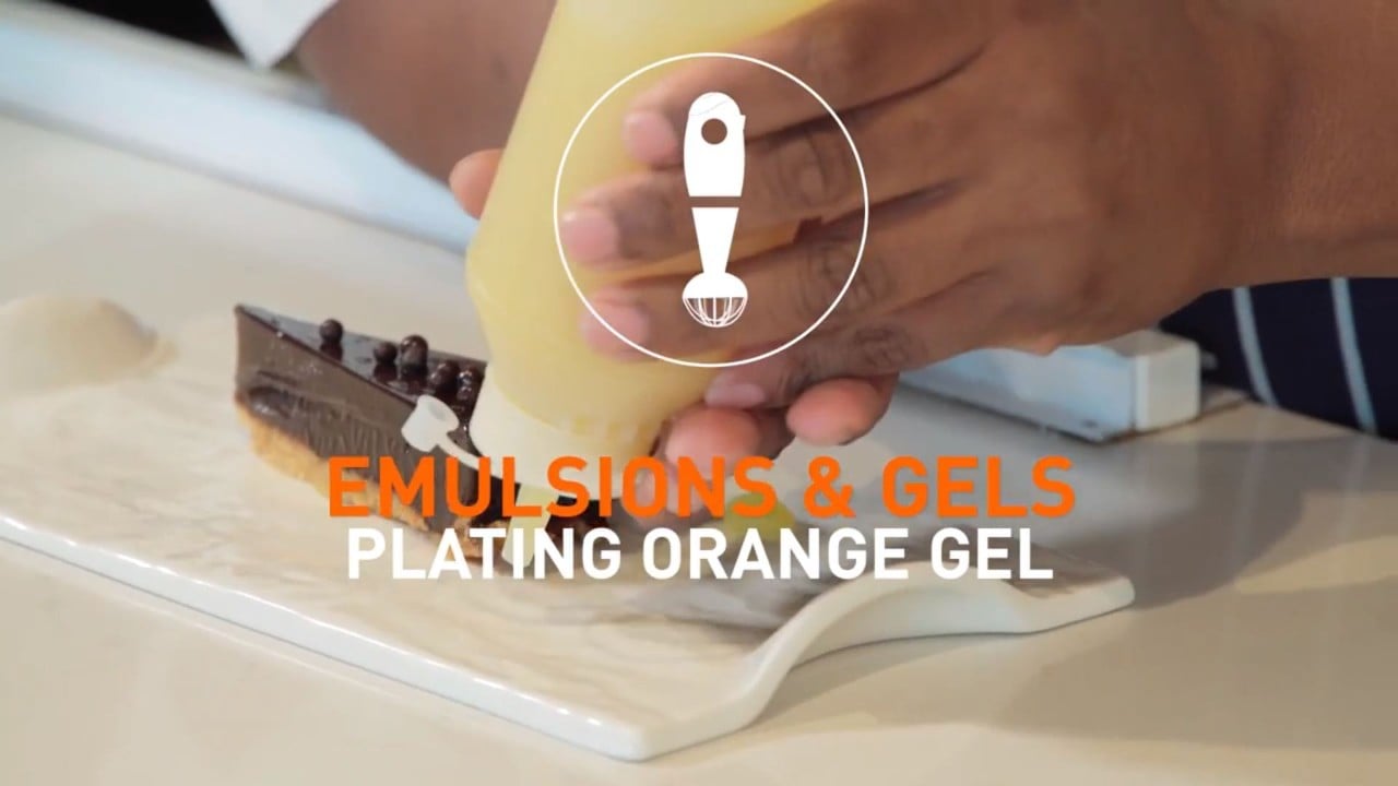 Chef working with food with caption that reads: Emulsions and Gels: Orange Gel  Part 2
