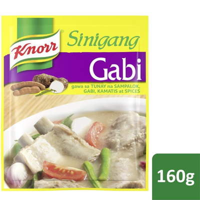 Knorr Sinigang Na May Gabi 160g - For that exceptionally delicious, sour, and thick broth, Knorr Sinigang na may Gabi brings to life the flavour combination of tamarind, gabi, tomatoes, onions, and spices - which were all carefully simmered for a long time.