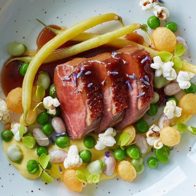 Glazed Duck with Honey, Lavender and Corn Cream Glazed Duck with Honey, Lavender and Corn Cream