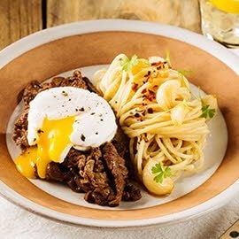 Aglio Olio Pasta with Tapa and Poached Egg Aglio Olio Pasta with Tapa and Poached Egg