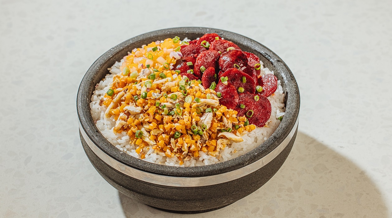 Kalabasa Bibimbap with Tinapa, Chorizo, and Mango-Melon Salsa – - Recipe