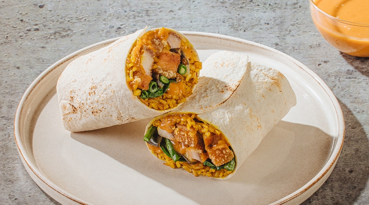 Lechon Kawali Kare-Kare Burrito with Turmeric Rice – - Recipe
