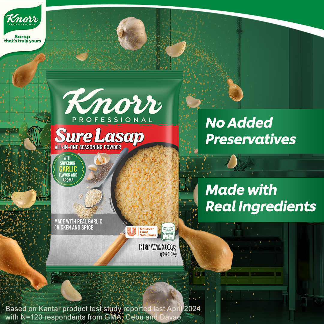 Knorr Professional Sure Lasap All-in-One Seasoning Powder 300g - Knorr Sure Lasap provides a bold chicken flavor made with real chicken and a garlic taste that do not overpower the dish.