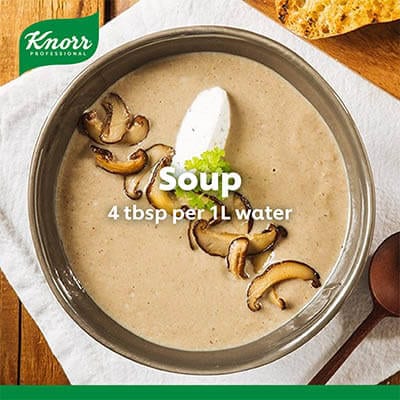 Knorr Cream of Mushroom Soup Mix 1kg - Made with real ingredients, Knorr Cream of Mushroom is a high quality base that help minimize your food costs.