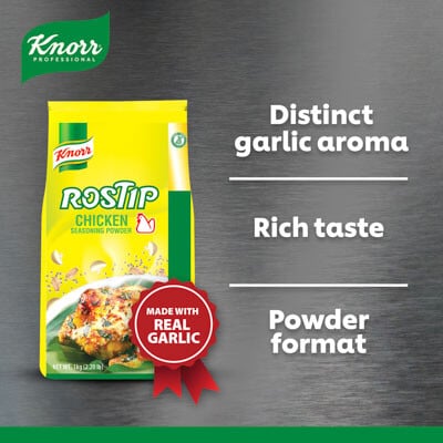 Knorr Rostip Chicken Seasoning Powder 1kg - Knorr Rostip provides a bold chicken flavor made with real chicken and a garlic taste that do not overpower the dish.