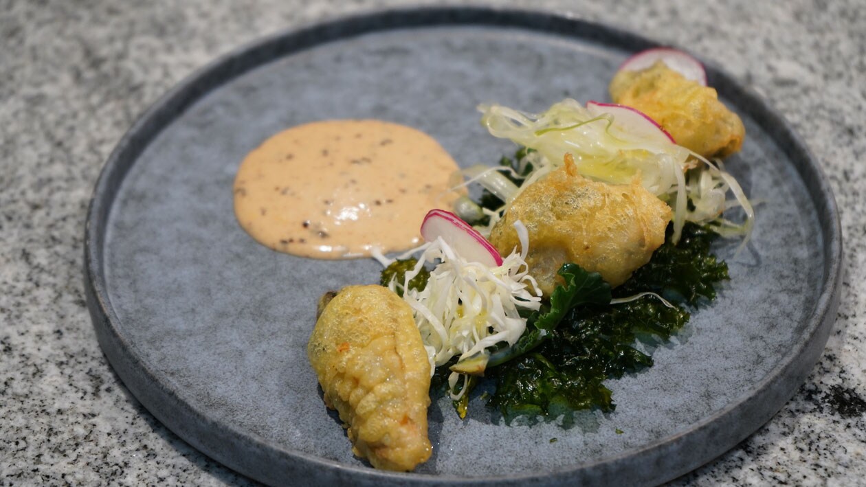 Tempura Oysters and Ice Plant Salad with Shio Kombu Dressing – - Recipe