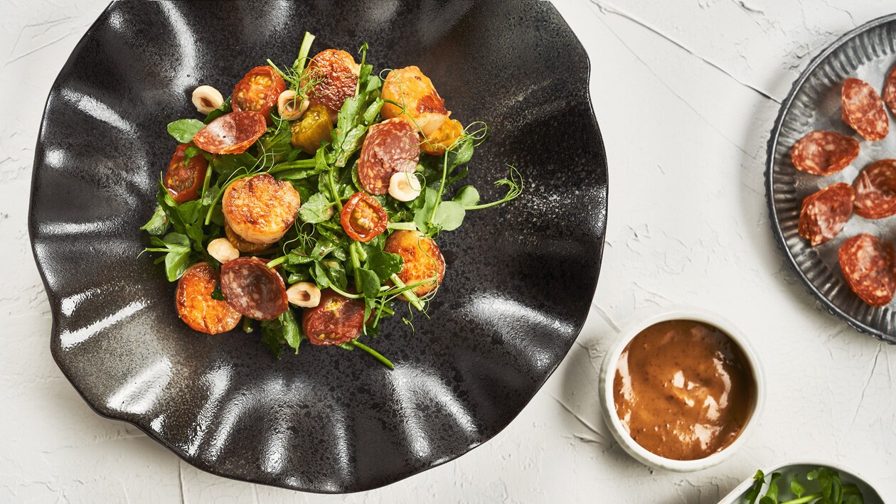 Pan Seared Scallops and Watercress Salad with Miso Ponzu Dressing – - Recipe Pan Seared Scallops and Watercress Salad with Miso Ponzu Dressing – - Recipe