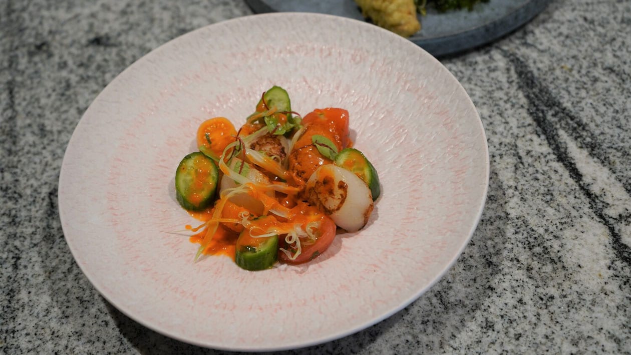 Scallop Mi-Cuit, Heirloom Tomato Salad, Watermelon Charred Tomato Gazpacho – - Recipe