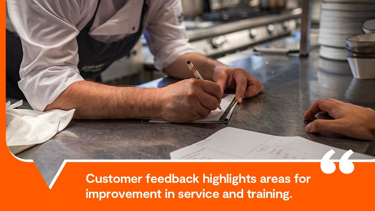 A chef reviewing customer feedback with staff. A chef reviewing customer feedback with staff.