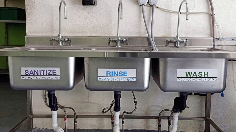 A three-compartment sink with separate stations for sanitizing, rinsing, and washing.