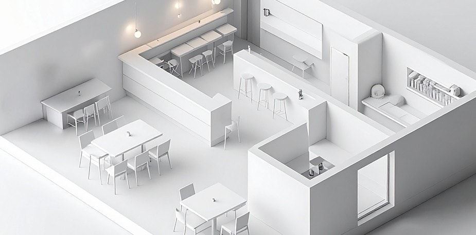 An aerial view of a restaurant dining area.