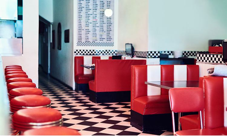 Interiors of a retro-style diner.